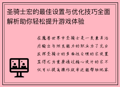 圣骑士宏的最佳设置与优化技巧全面解析助你轻松提升游戏体验